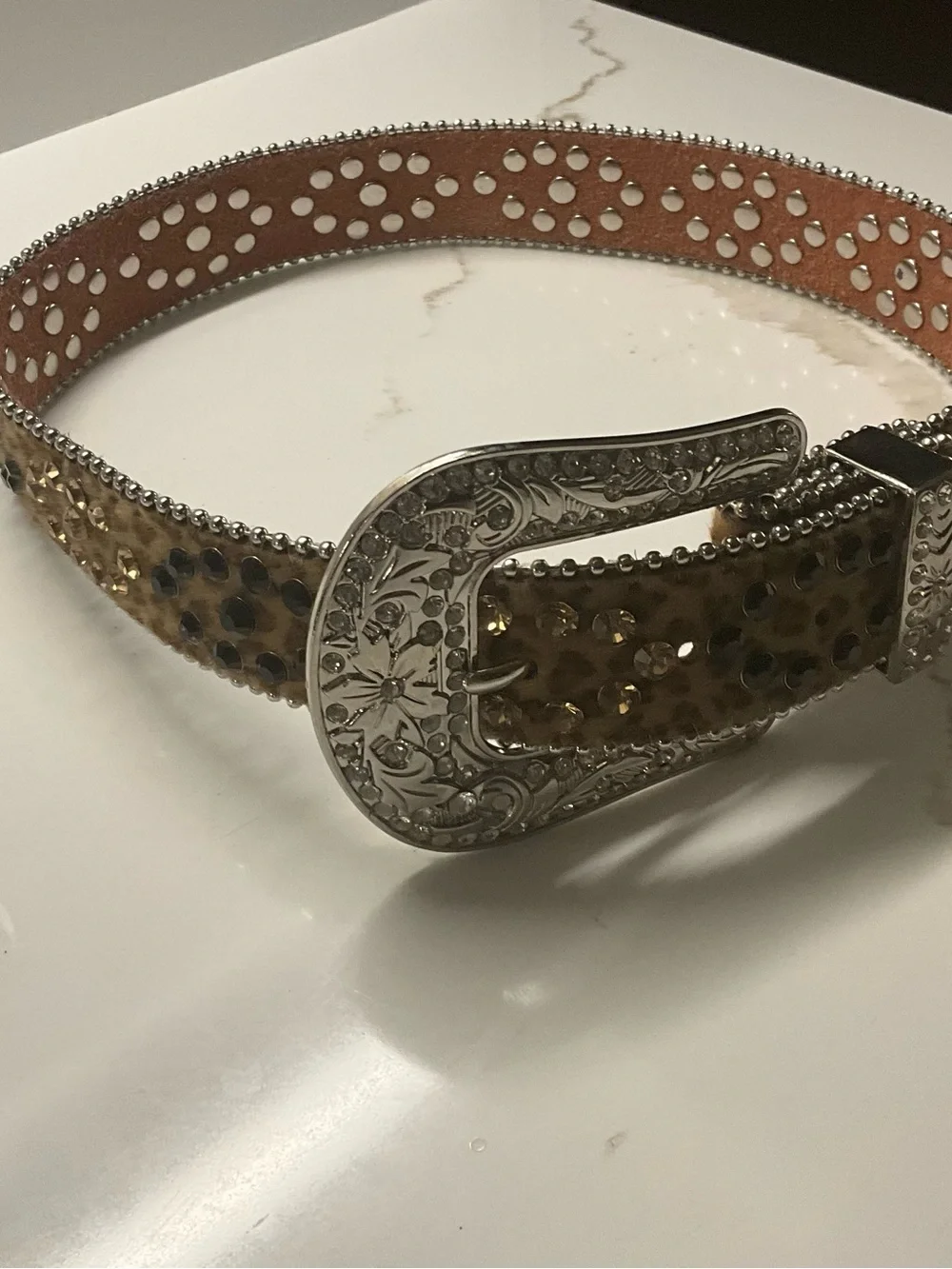 Embellished Leopard Print Western Belt in Brown and Gold